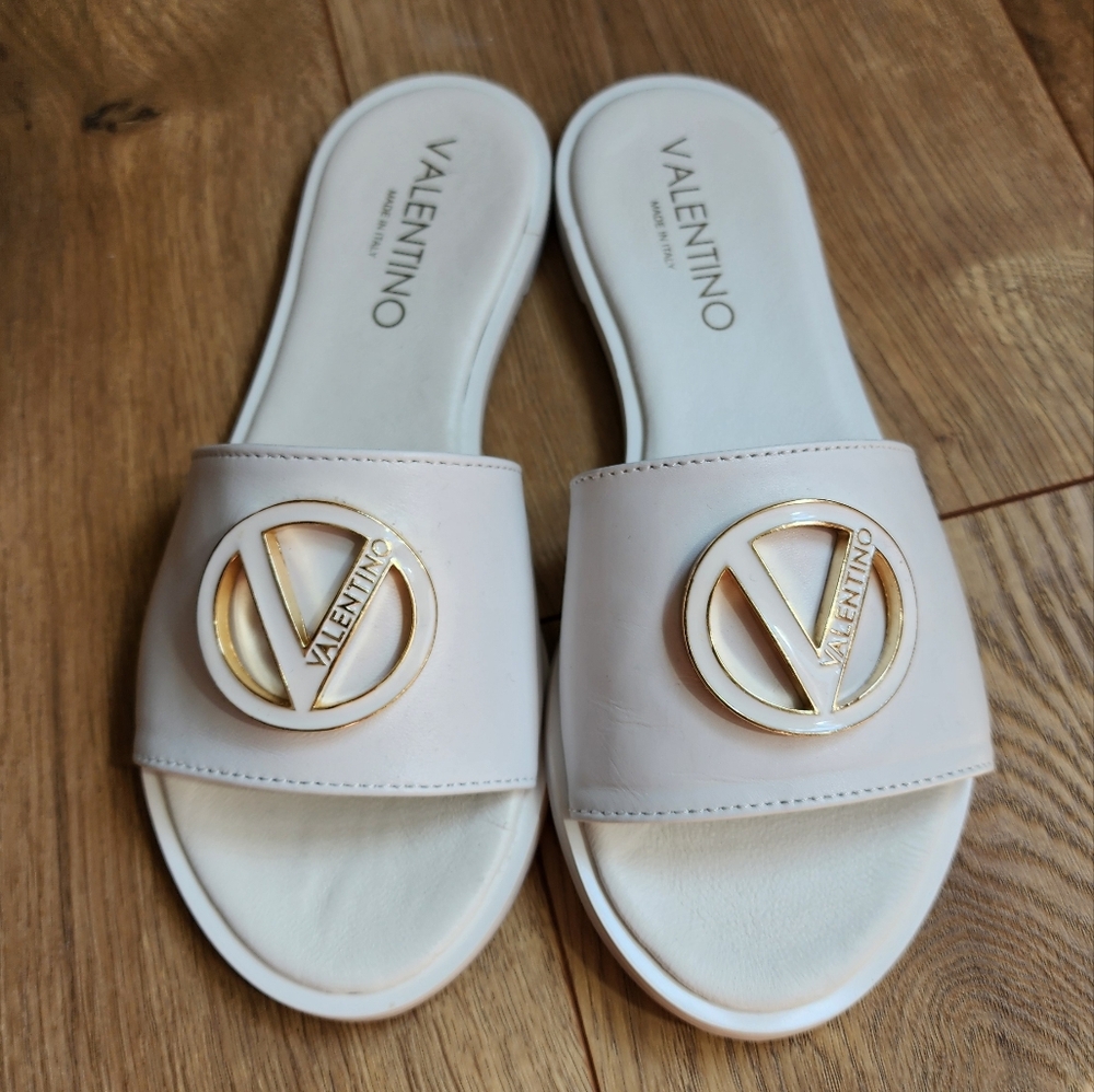 Mario Valentino White Slide Sandals.